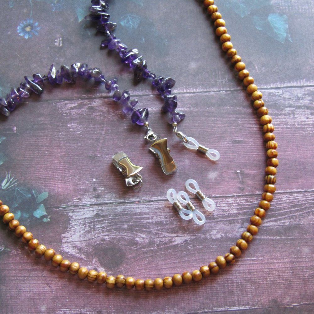 Amethyst Clip on Glasses Chain with optional clips loops